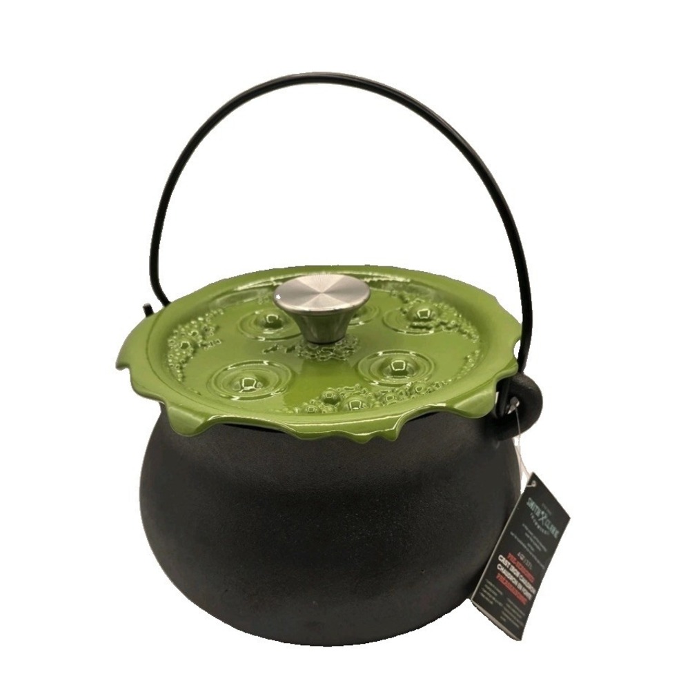Viral Smith and Clark 4-Quart Cast Iron Cauldron Pot with Green 'Bubbling' Lid